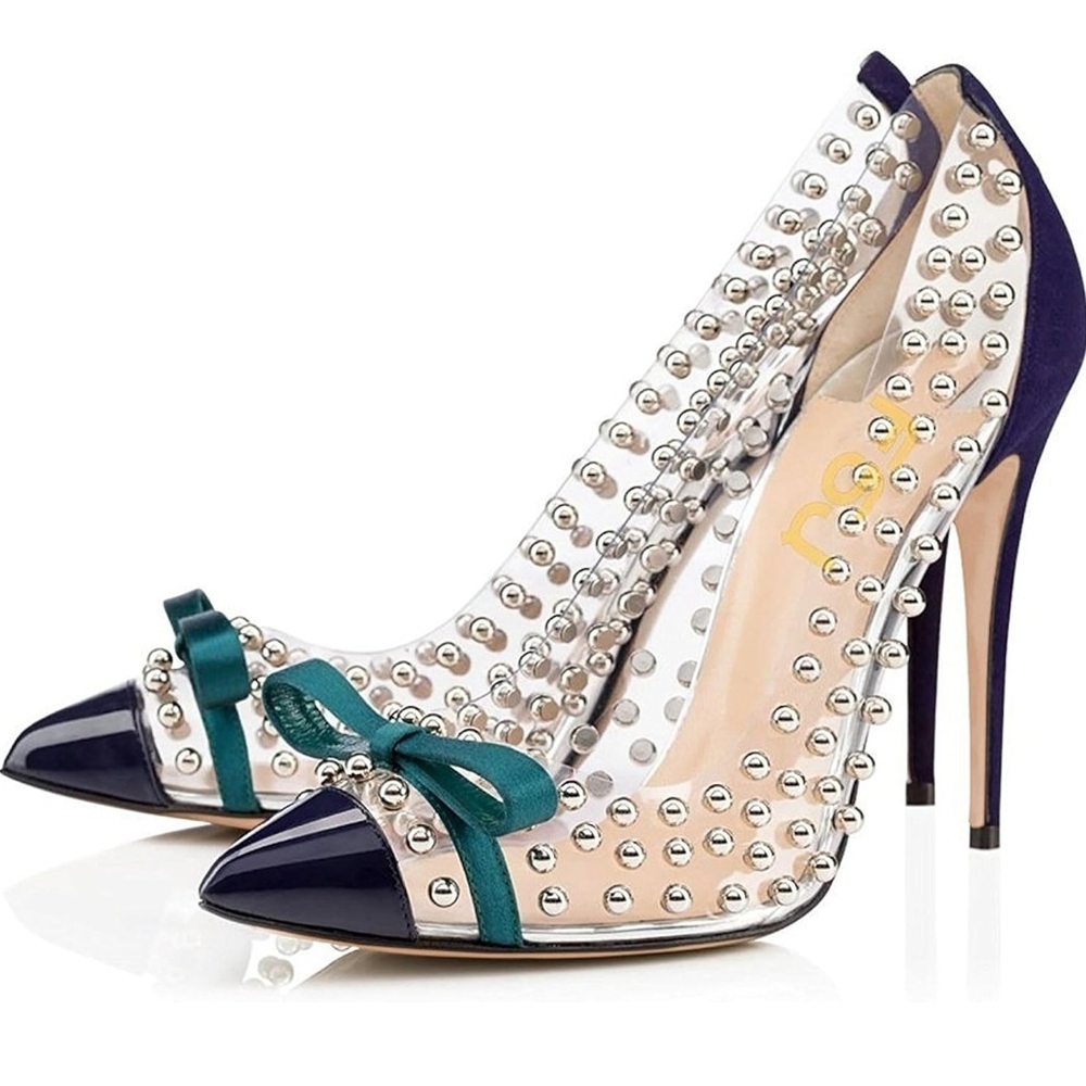 FSJ Navy and Teal Studded Heels with Bow